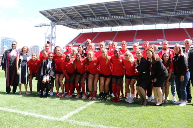 Canada Soccer’s Women’s National Team photographed during a workout session of the team at the BMO field, May 17, 2019. In the photograph were officials of Immigration Refugees and Citizenship Canada. Photo Mosaic Edition Edward Akinwunmi
