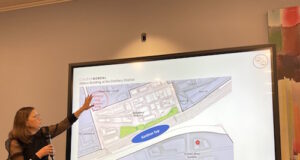 Lise Béland, Vice President for Central and Southwestern Ontario at Collège Boréal shows the location of a future subway station relative to College Boréal’s buildings in the Distillery District. Photo supplied – Collège Boréal.