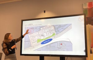Lise Béland, Vice President for Central and Southwestern Ontario at Collège Boréal shows the location of a future subway station relative to College Boréal’s buildings in the Distillery District. Photo supplied – Collège Boréal.