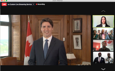 Prime Minister Justin Trudeau sends message via video. 