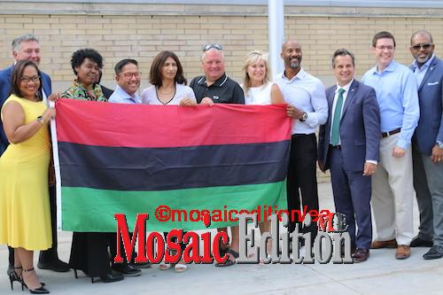 Mayor Bonnie Crombie was joined by representation from Black Caucus Alliance to raise the Pan-African Flag in celebration of Emancipation Day in Mississauga - Photo Mosaic Edition Edward Akinwunmi