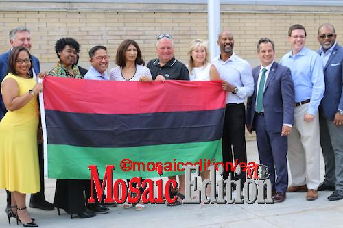 Emancipation Day 2023 – Mississauga Mayor Bonnie Crombie was joined by representation from Black Caucus Alliance to raise the Pan-African Flag in celebration of Emancipation Day in Mississauga - Photo Mosaic Edition Edward Akinwunmi